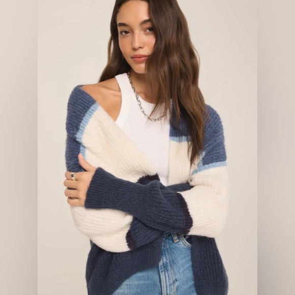 Z SUPPLY Tuckernuck True Navy Jones Stripe Open-Front Cardigan NWT Size Large - Picture 1 of 14